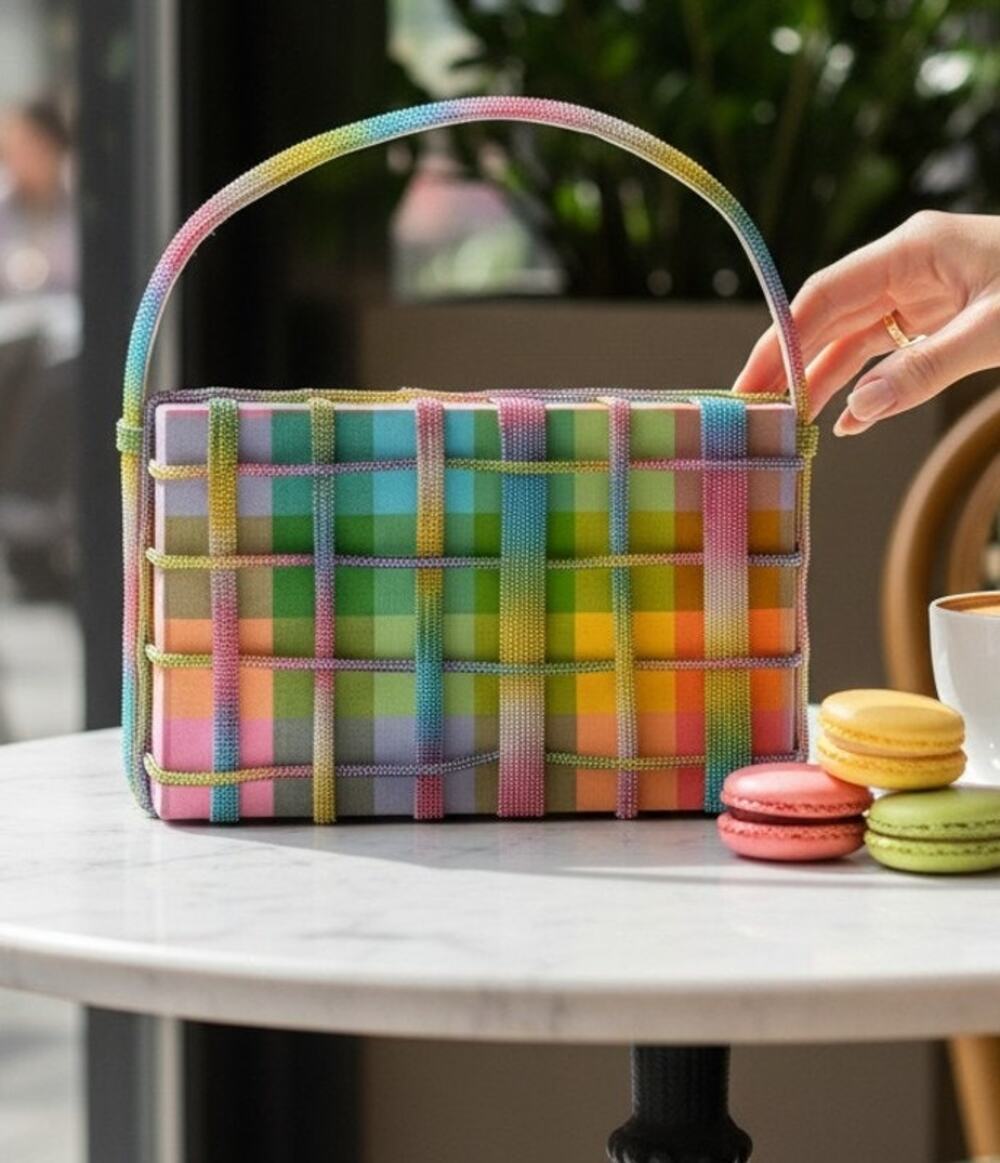 Simitri Rainbow Crystal Etoile Clutch NWT Multicolor Gingham Handcrafted